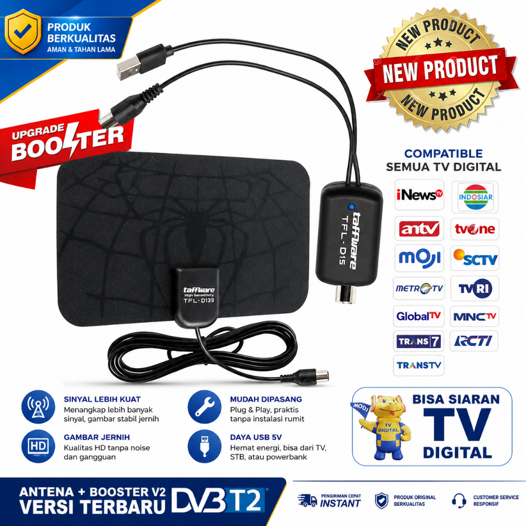 ORIGINAL ANTENA TV D139 + BOOSTER D-15 Amplifier Digital 4K High Gain 25dB 75 Ohm DVB-T2 4K Anten D-