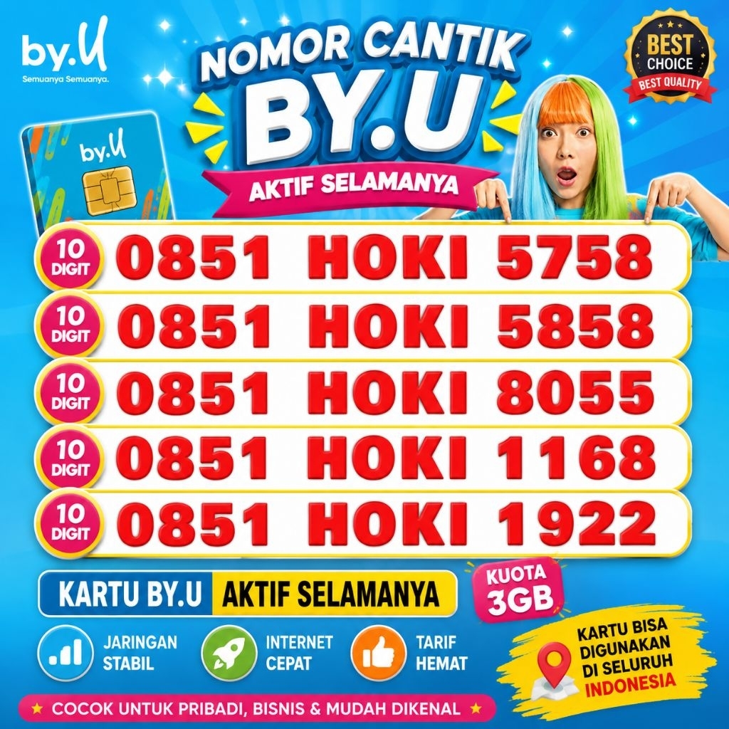 Nomor Cantik Telkomsel By.U Aktif Selamanya 4G/5G Seri Hoki 5758, 1688, 8055, 1922, 1933, 7460 | Bon