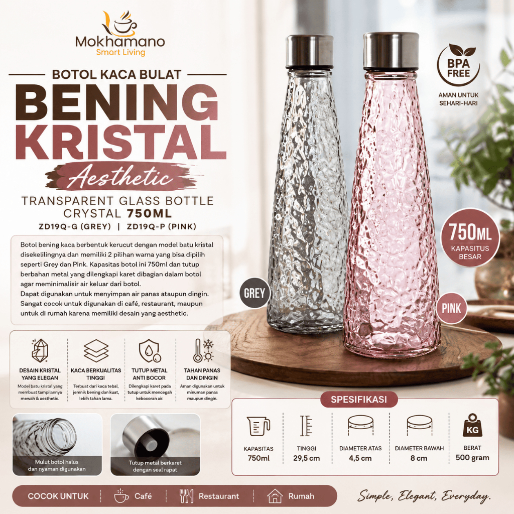 Botol Kaca Bulat Bening Kristal Aesthetic Transparent Glass Bottle Crystal 750ML