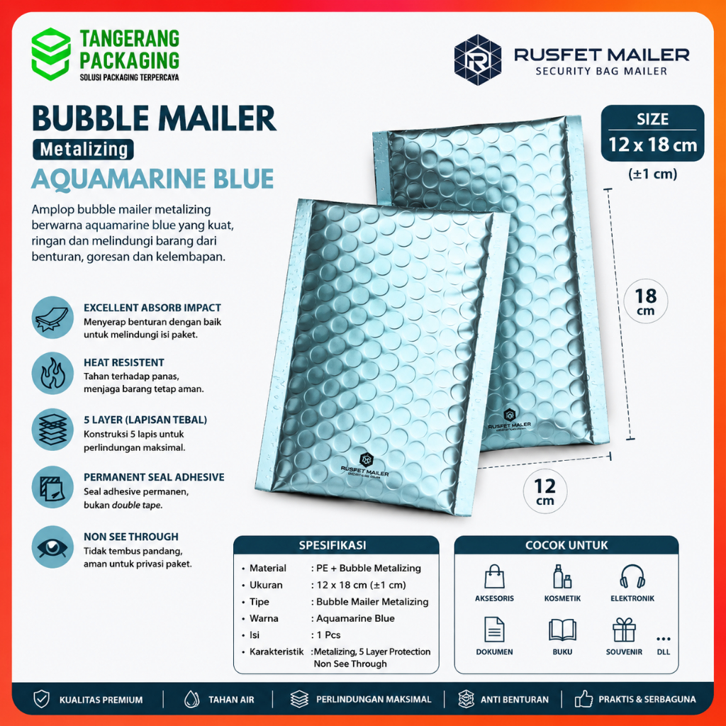 Bubble Mailer Rusfet Premium Aquamarine Blue 12x18 Bubble Packing