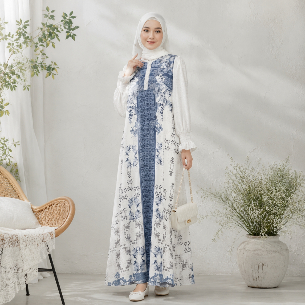 FADFAD Gaun Maxi Muslimah Elegan Motif Posisi Lengan Panjang | Bahan Adem Nyaman | Tersedia Warna Pu