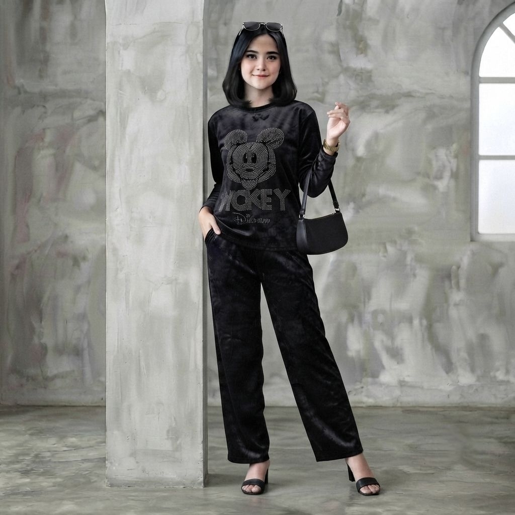 setcel / setelan velvet bludru variasi payet mote mickey