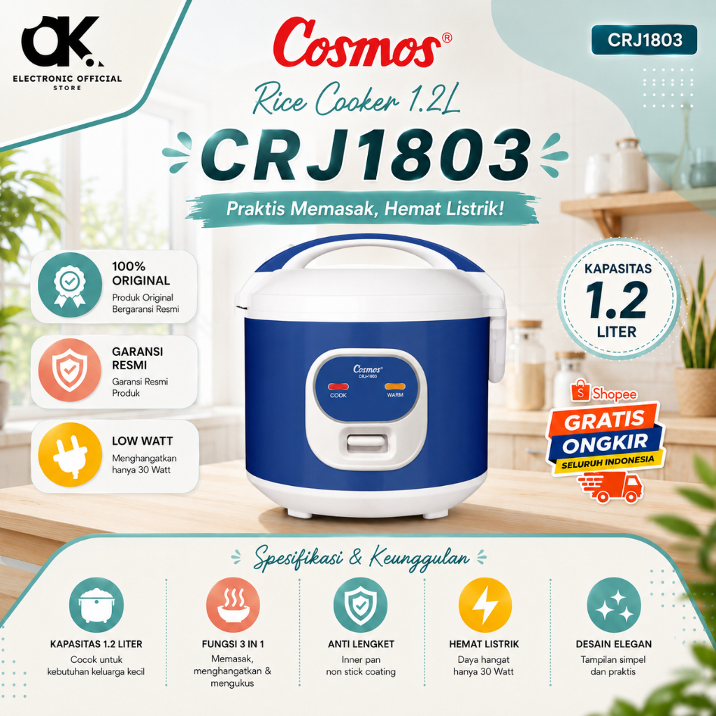 Rice Cooker Cosmos CRJ 1803 1.2L /CRJ 1803/CRJ-1803/CRJ1803/RICE COOKER ORIGINAL COSMOS/GARANSIRESMI