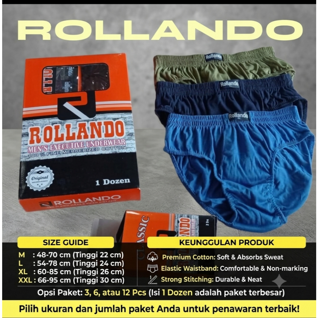 Rollando Sempak Pria Celana Dalam Cowok Premium Isi 3 pcs Katun Halus Original - Executive Series M-