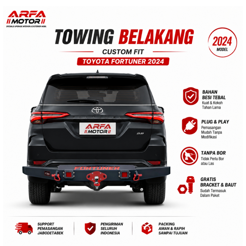 Towing Belakang Fortuner 2024 VRZ GR SPORT Custom Emboss Tanduk Pengaman Bemper Bar Pelindung Body