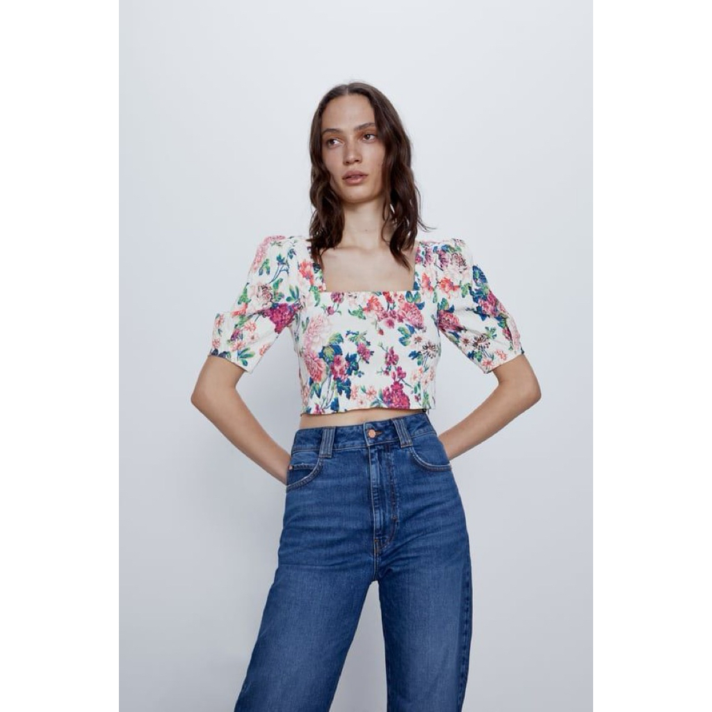 Zara Floral Square Neck Puff Sleeve Crop Top