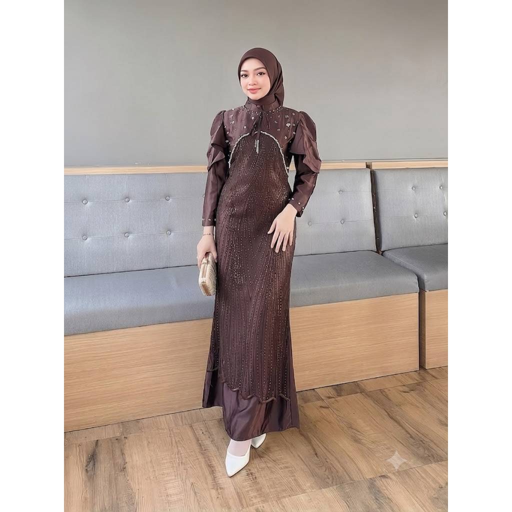 Khansa Dress Kondangan Mewah Satin Roberto Cavalli Premium Mix Brukat Payet Gamis Pesta Wanita