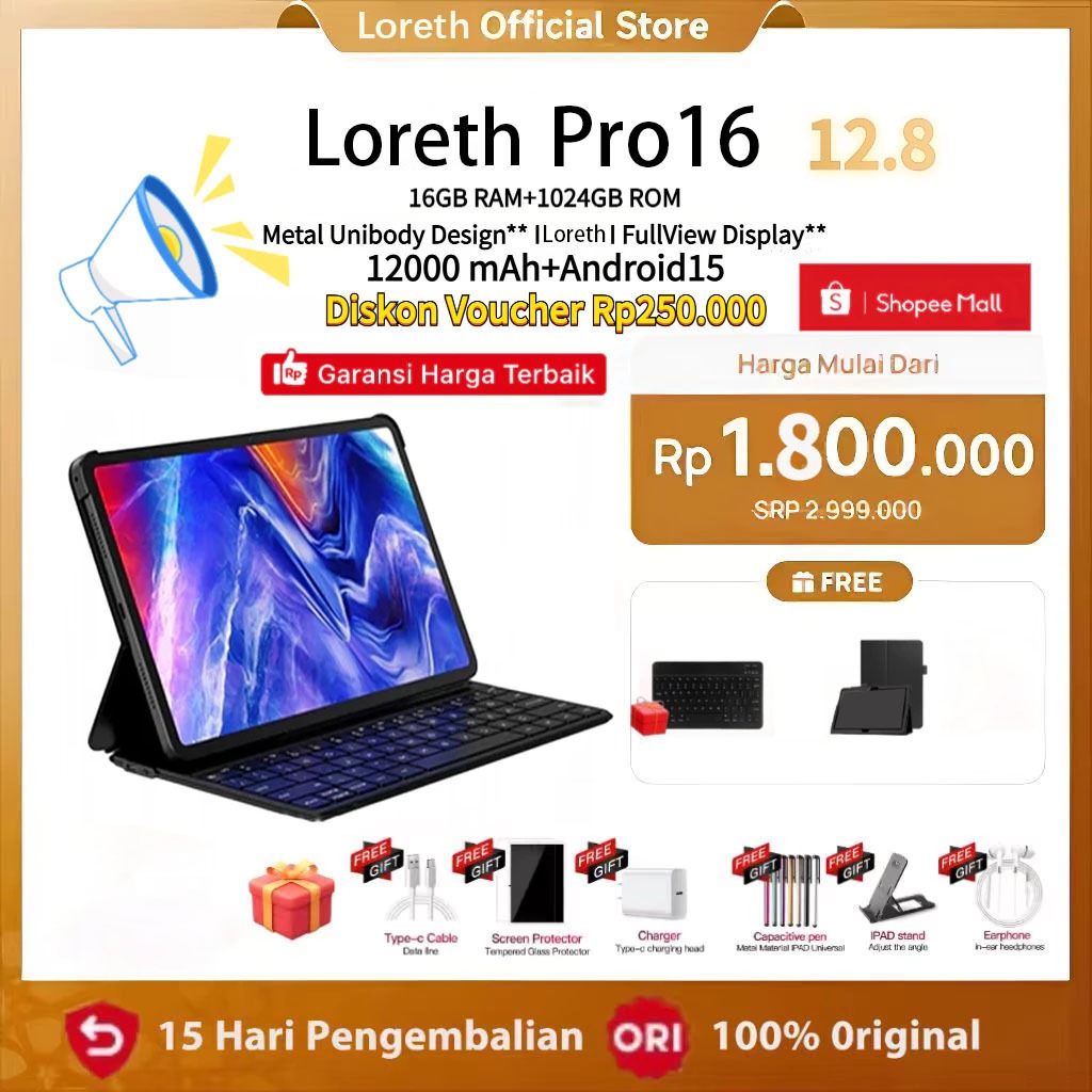 Loreth Tablet Pro16 (16GB+1024GB)11.6inch"lPS Screen Tablet Android15 8800 mAh Dual Sim Card advanTa