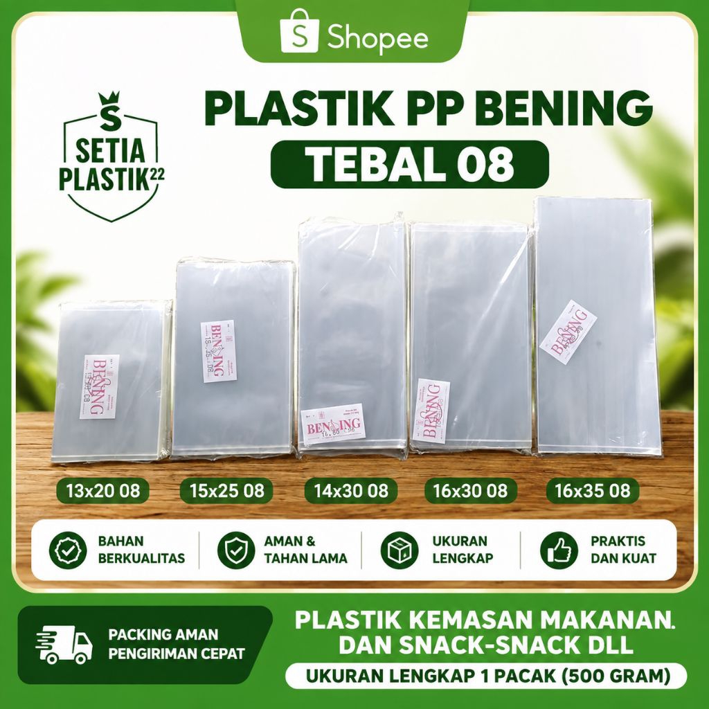 plastik PP bening tebal 08 ukuran lengkap : 13x18 13x20 13x25 14x20 14x25 14x30 15x20 15x25 15x30