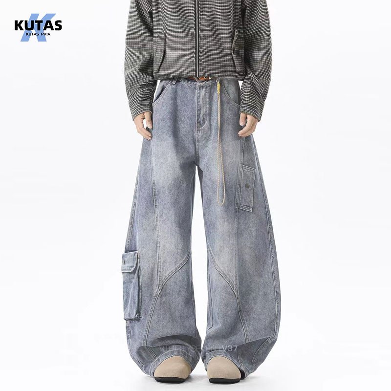Kutas Pria-Celana jeans pria longgar nyaman ala Korea celana panjang longgar unisex
