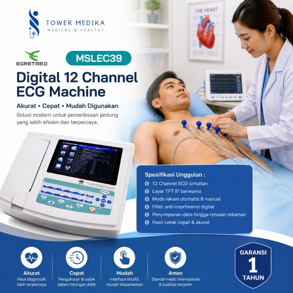 ECG 12 Channel EGRETMED MSLEC39 Digital | Alat EKG 12 Lead | Printer Thermal | Touch Screen | Portab