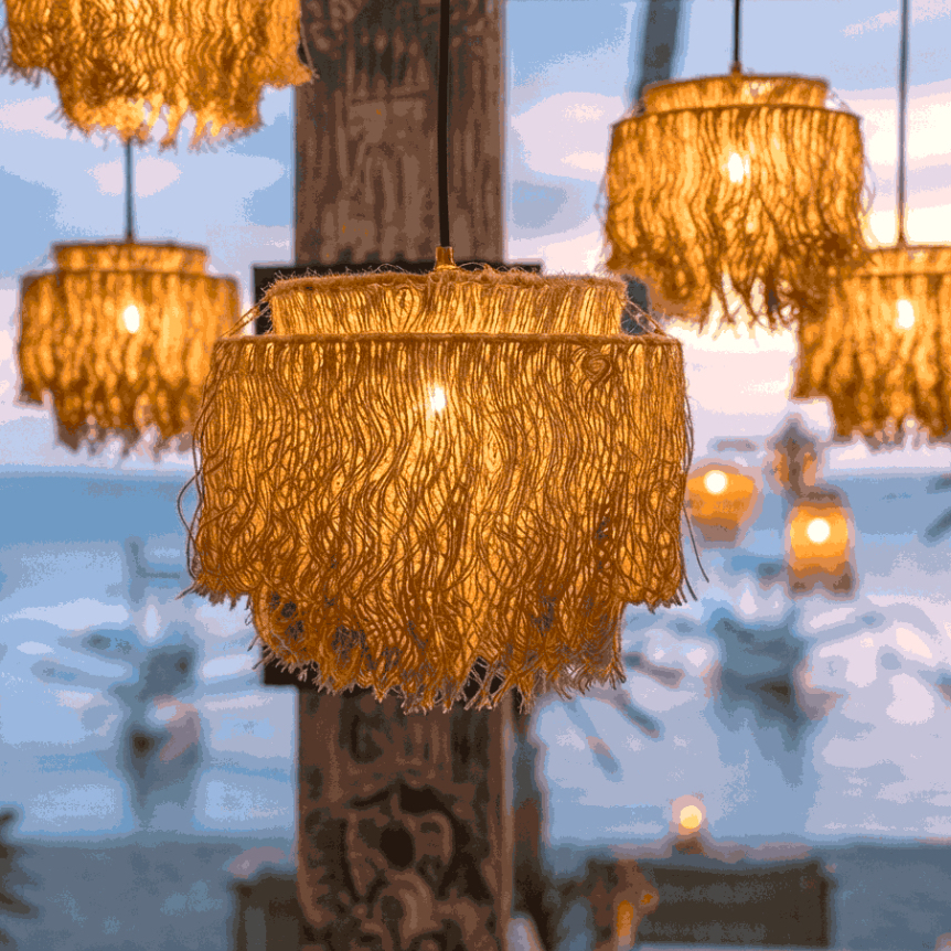 kap lampu rotan gantung  - lampu cafe minimalis - lampu rotan modern bahan goni