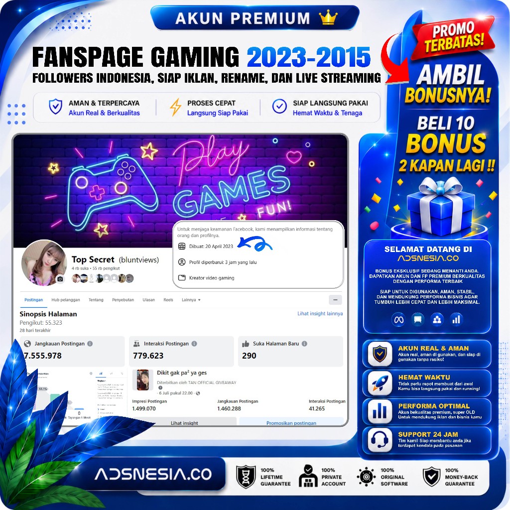 Fanspage Facebook Gaming Tahun 2023-2015 Followers Asli Indonesia Support Live Streaming, Rename, Ik