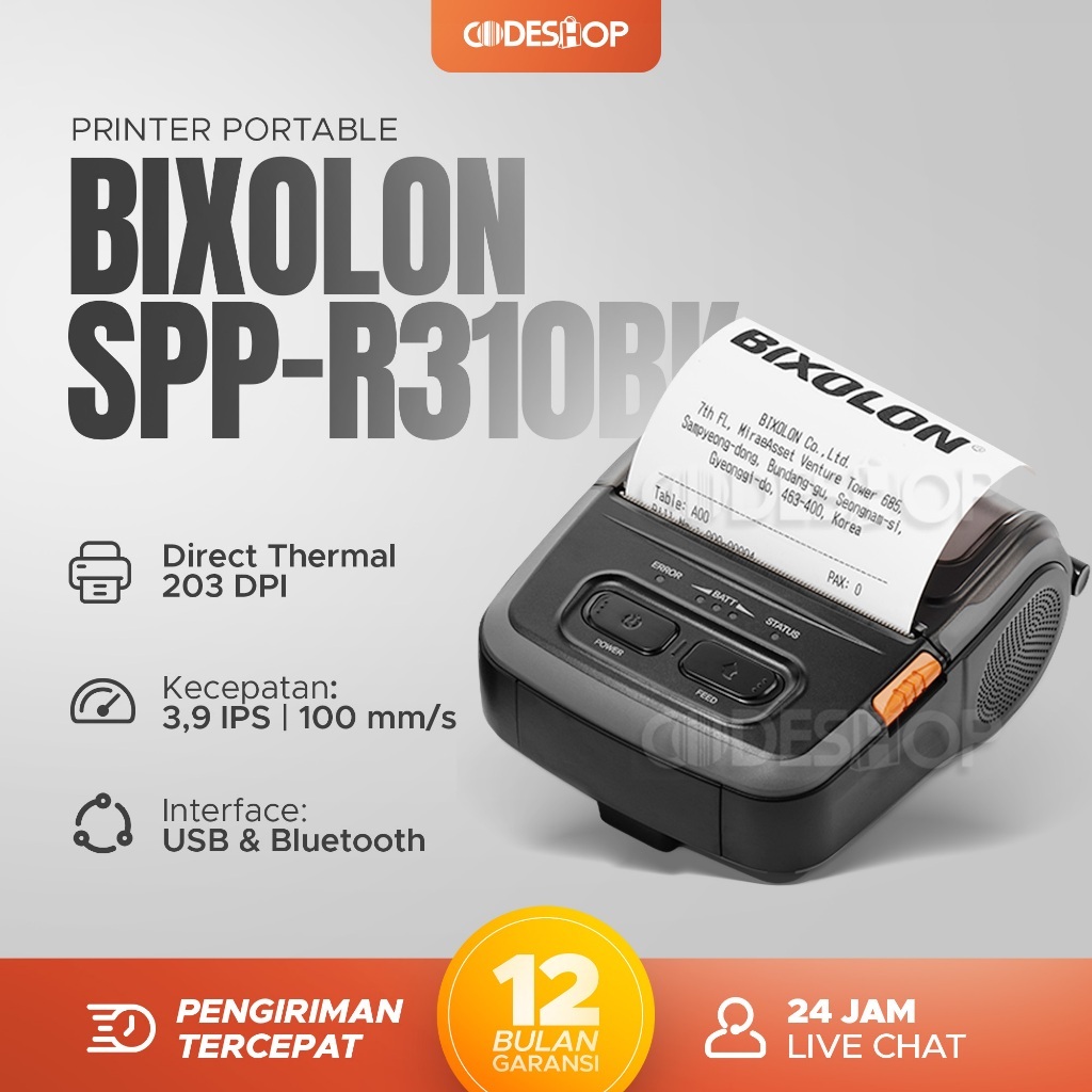Bixolon Mobile Printer SPP-R310BK Mesin Cetak Struk Thermal 80mm Bluetooth Premium