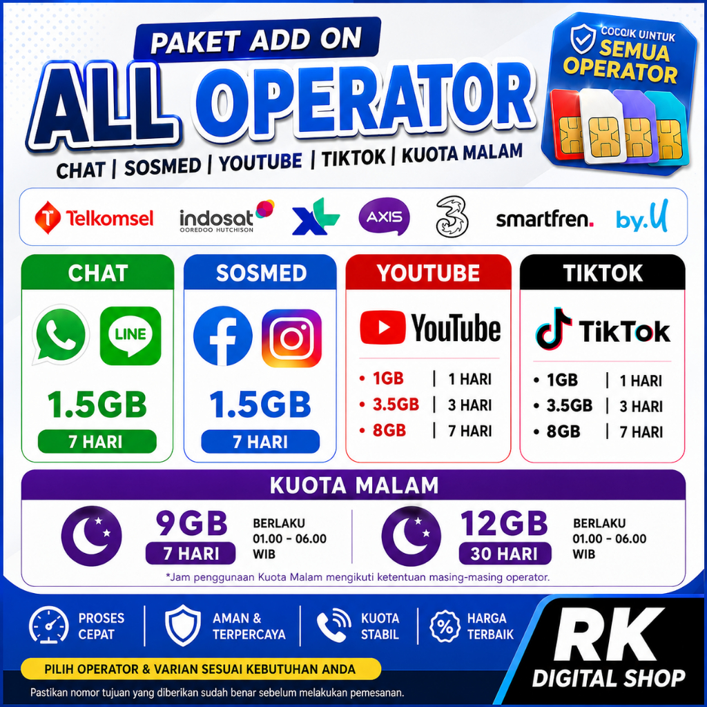 Paket Add On Telkomsel XL AXIS Indosat Tri Smartfren by.U | Chat Sosmed YouTube TikTok Kuota Malam