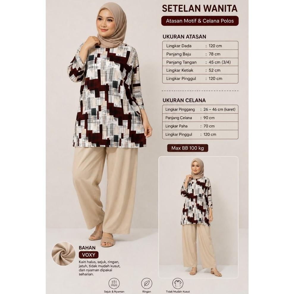 setelan wanita ld 120 bahan voxy premium