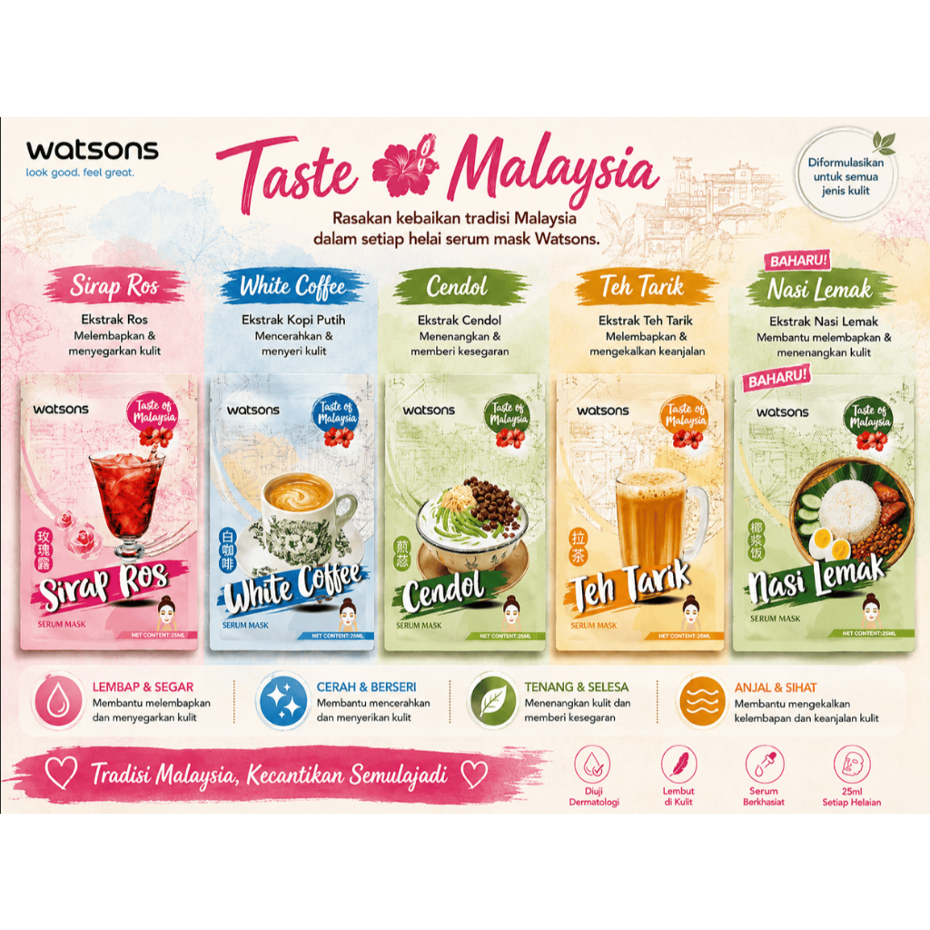 Watsons Taste of Malaysia Masker Serum Varian Nasi Lemak, Teh Tarik, Sirap Ros, White Coffee, Cendol