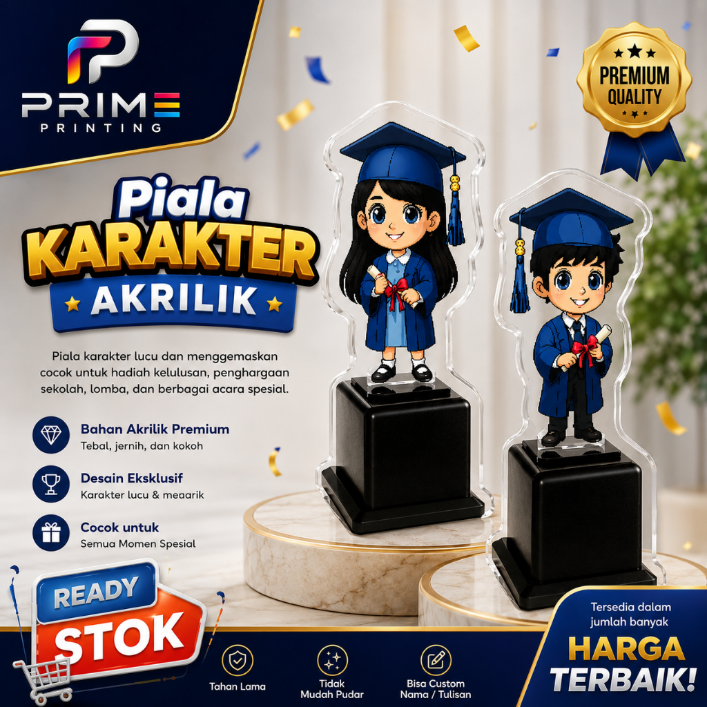 Piala Wisuda Akrilik | Piala Wisuda Kampus Almamater Biru Kado Wisuda Piala Anak TK Boneka