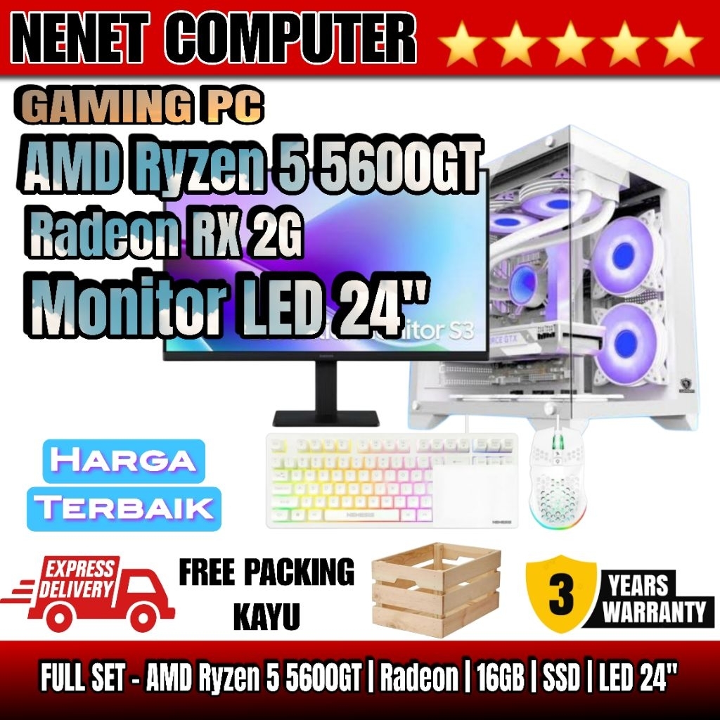 PC Gaming Lengkap AMD Ryzen 5 5600GT | RX Vega | 16GB | SSD | LED 24