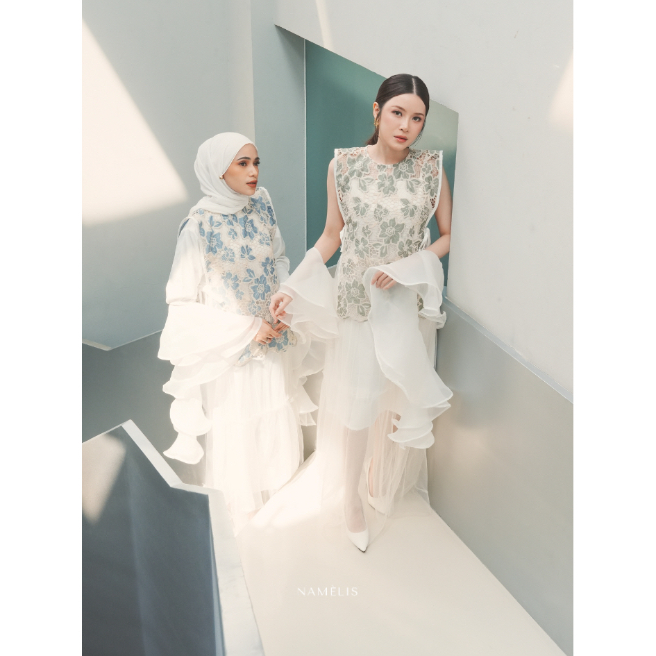 NAMELIS Delilah Dress | Set Floral Satin Tulle Dress Mewah untuk Outfit Iftar Bukber Buber Buka Bers