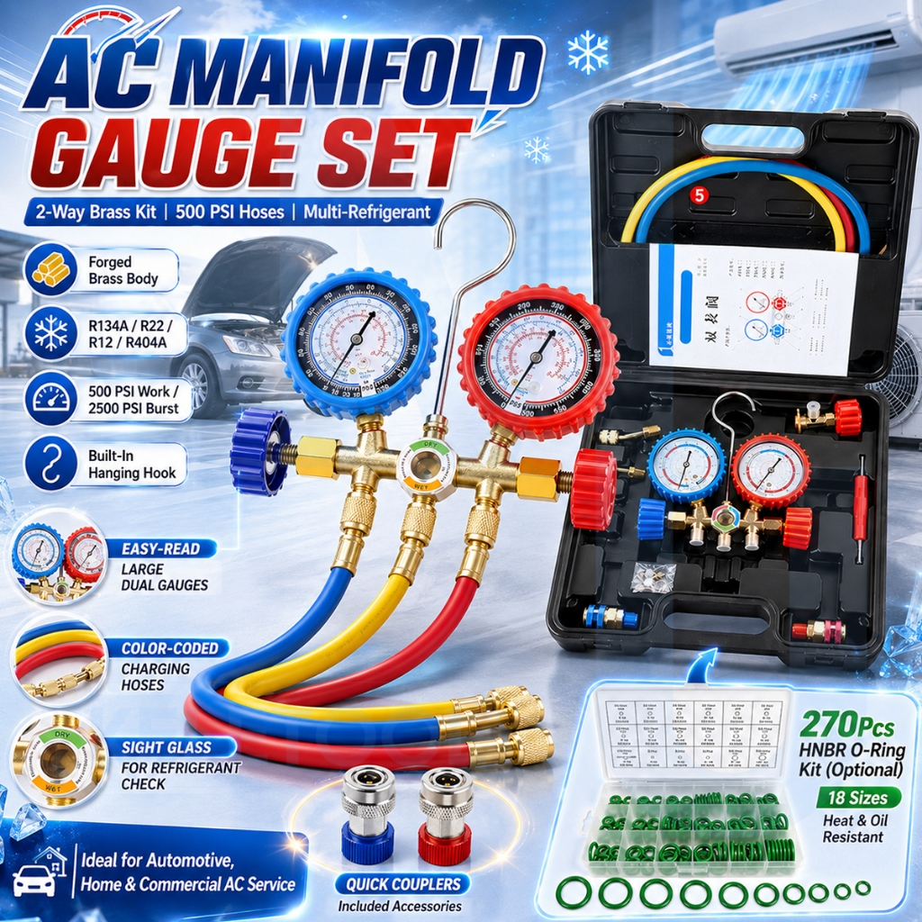 Set Manifold Gauge AC Double Kuningan Brass Alat Ukur Tekanan Refrigerant R22 R134a R404A untuk Peng