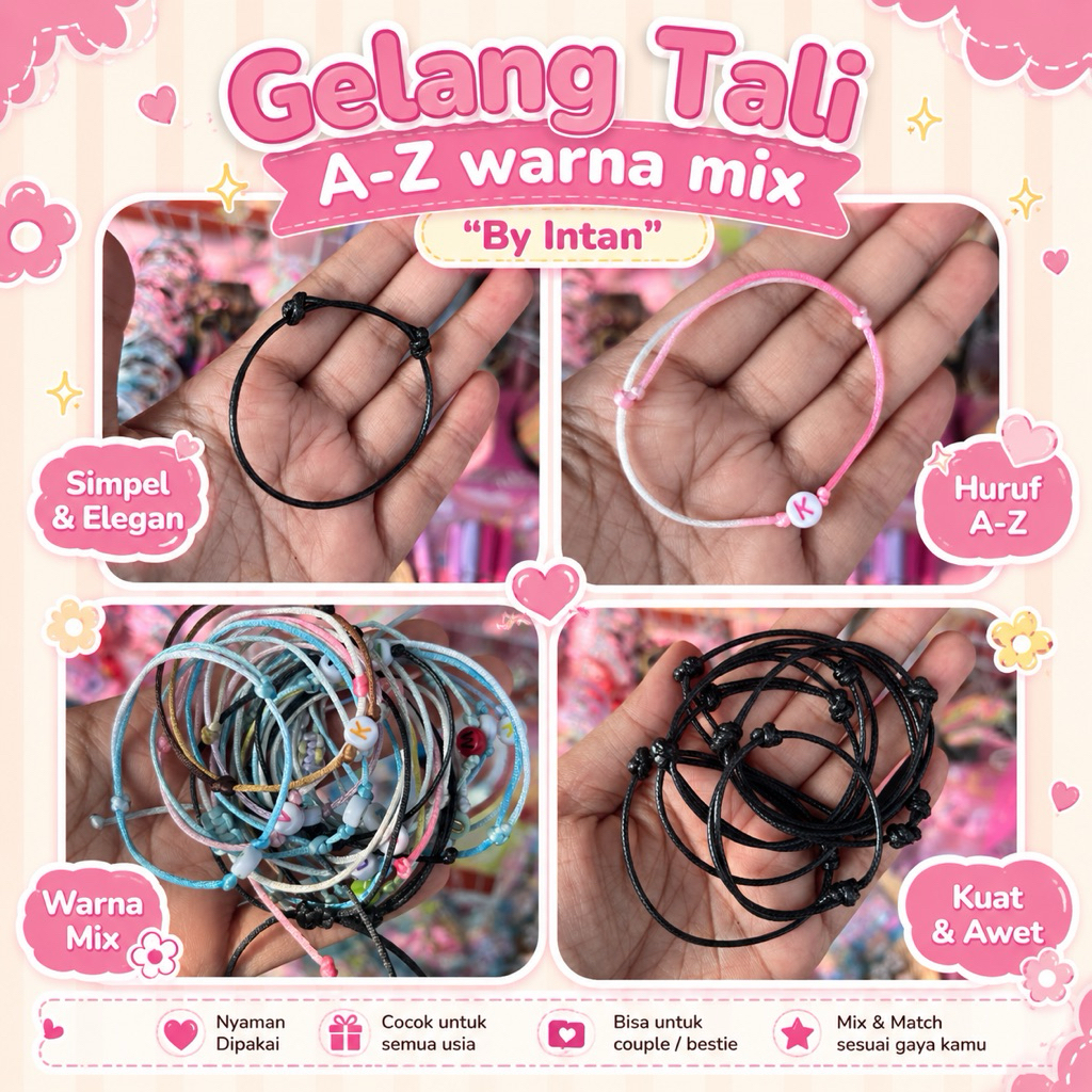 Gelang Tali Satin Huruf A-Z Warna Mix || Gelang Polos hitam || Gelang Couple || Ide Jualan || Paket 