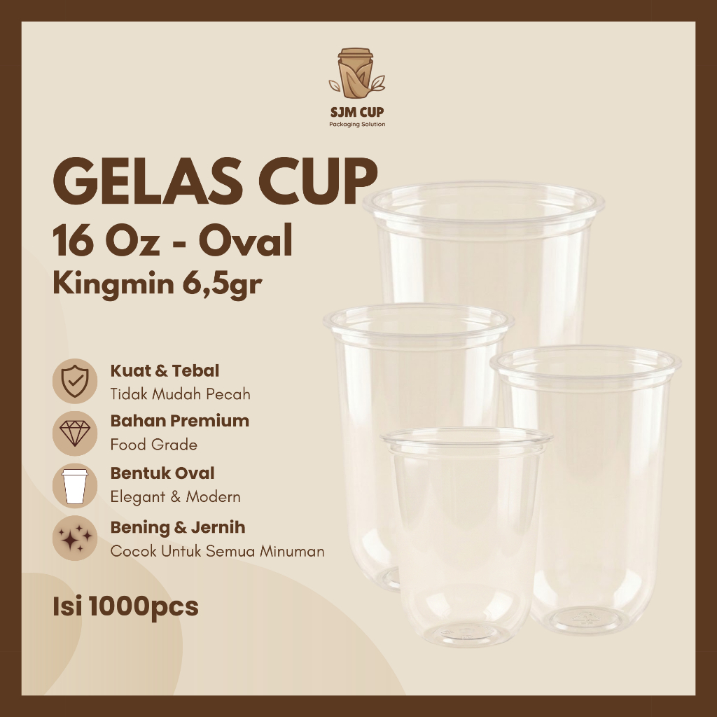 SJM CUPS - Cup Gelas Plastik Oval dan Datar 16 oz - Harga Grosir