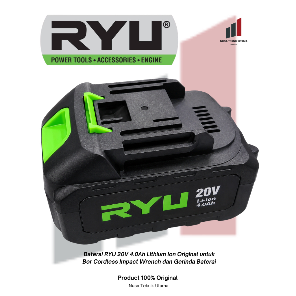Battery RYU 20V 4.0Ah Lithium Ion Original untuk Bor Cordless Impact Wrench dan Gerinda Baterai