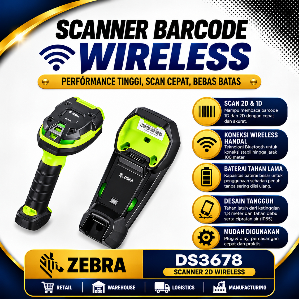Zebra DS3678 Scanner Barcode Wireless 2D Bluetooth Industrial Original | Pemindai Barcode Zebra Tanp