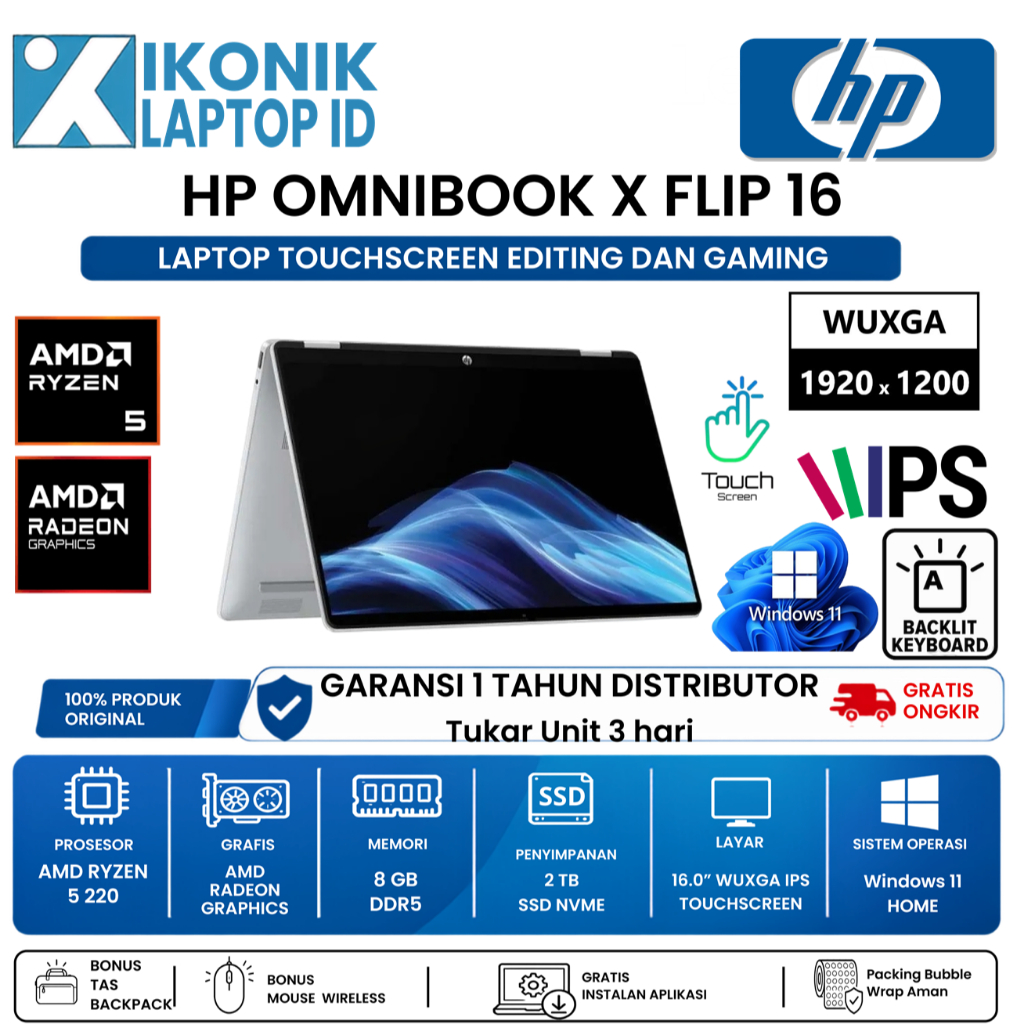 Laptop Lipat HP Omnibook X Flip 16 Amd Ryzen 5 220  2TB SSD 16" WUXGA IPS Touchscreen Win 11