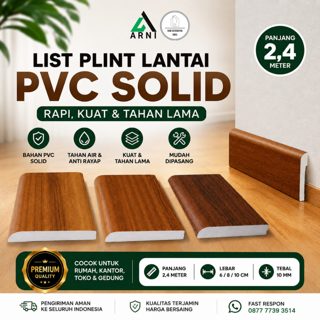List Plint Lantai PVC Solid | Plint PVC Dinding | Lis Plint Lantai - Panjang 2,4 m (Custom Warna)