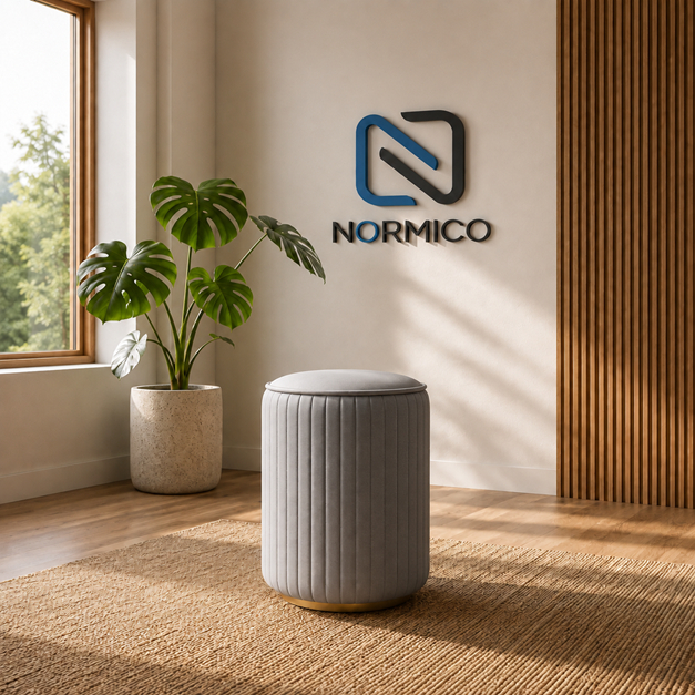 Normico - Kursi Ottoman Bulat Abu Abu Minimalis Modern | Stool Sofa Estetik untuk Ruang Tamu