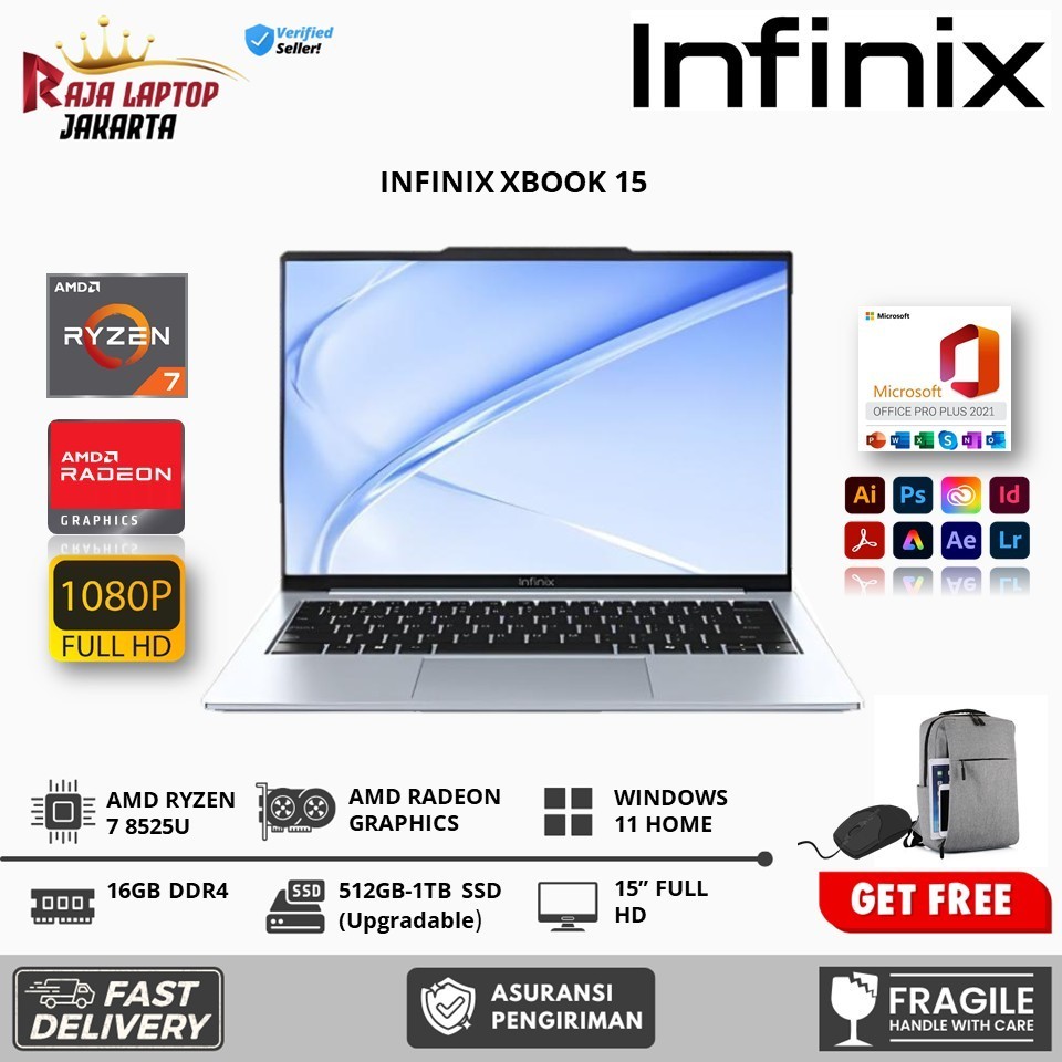 Laptop Baru Infinix Xbook 15 AMD ryzen 7 5825U 16GB 512GB SSD FHD IPS Windows 11 Home Silver