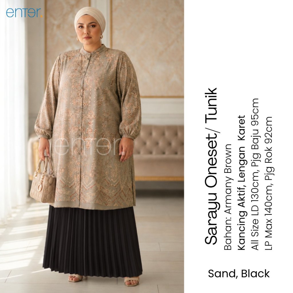 enter tunik/setelan jumbo wanita kekinian ld 130 sarayu tunik one set bermotif mat armany brown