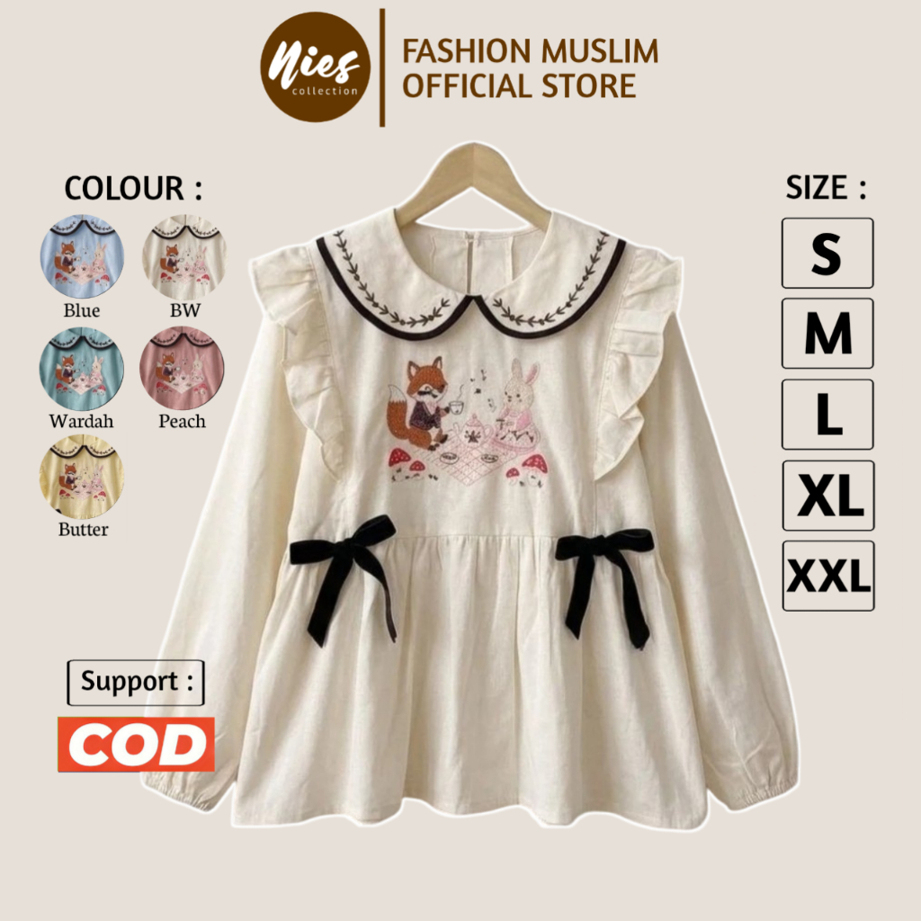 Elthea Blouse Lengan Panjang Kerah Peter Pan Bordir Boneka Ukuran LD 120 110 100 95 90 Bahan Linen R