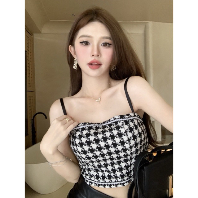 Gyuri Tweed Crop Tanktop Premium Atasan Motif Houndstooth Bralette Bustier Tank Top Korea Seksi Kota