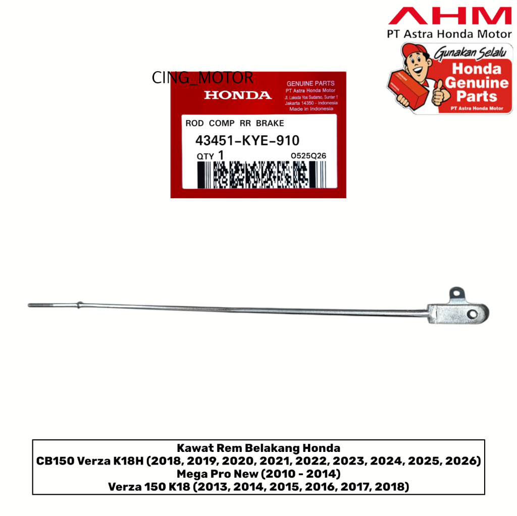 43451KYE910 KAWAT TUAS REM BELAKANG CB150 VERZA K18 MEGAPRO NEW PART AHM