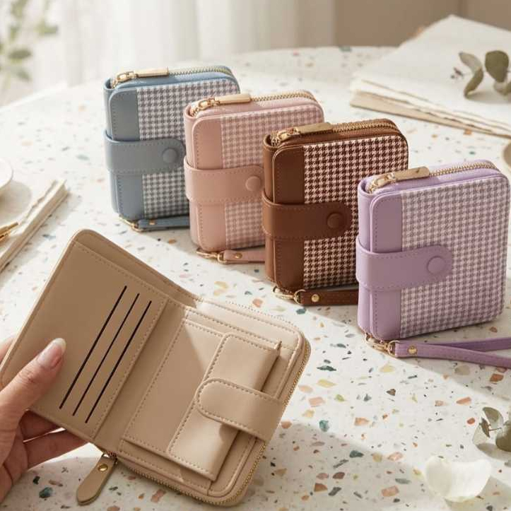 Dompet Wanita Lipat Motif Houndstooth Elegan
