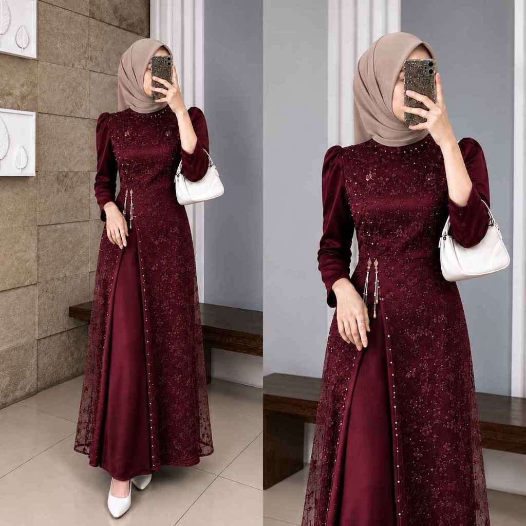 Floreta Gamis Wanita Mix Brokat Tille Dress Pesta Dress Kondangan Spesial Burgundy Mahogany