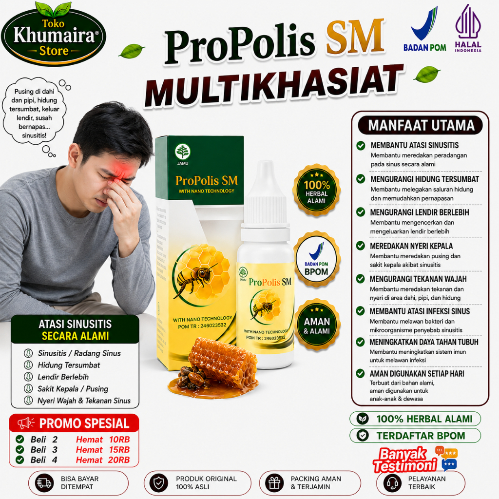 PROPOLIS SM memnbantu keluhan annomla polip hidung hidung tersumbat keluhan pernafasan dan keluhan l