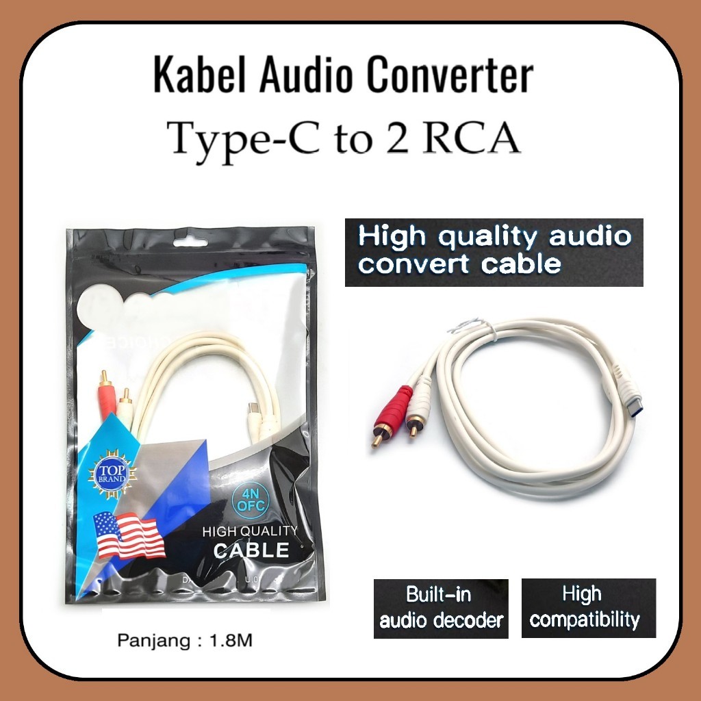 Kabel Audio Type C To RCA 1.8 M - Kabel Usb-C to 2RCA Male Audio Sound Card