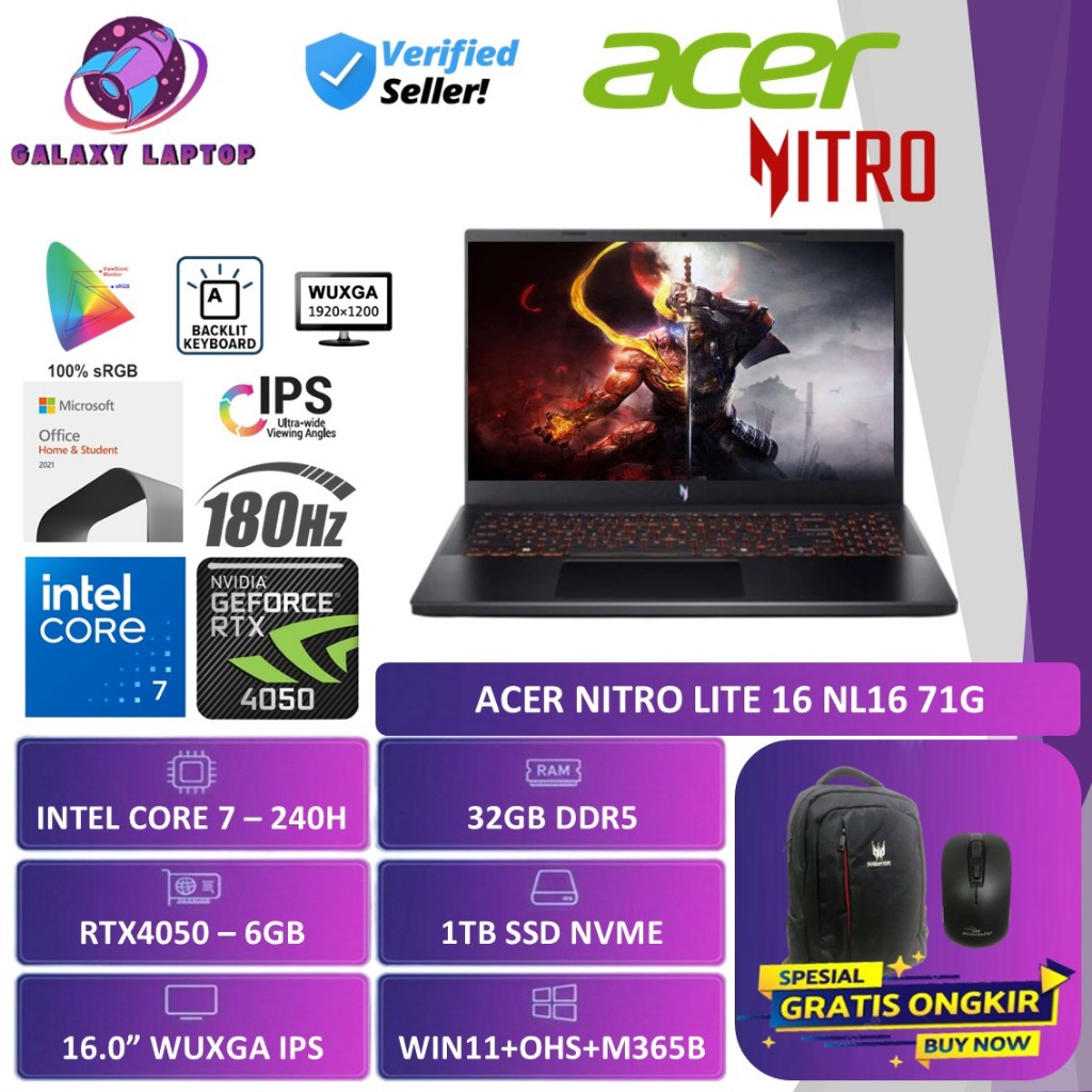 Laptop ACER NITRO LITE 16 NL16 71G INTEL CORE 7 240H 32GB DDR5 1TB SSD RTX4050-6GB WUXGA IPS 180HZ