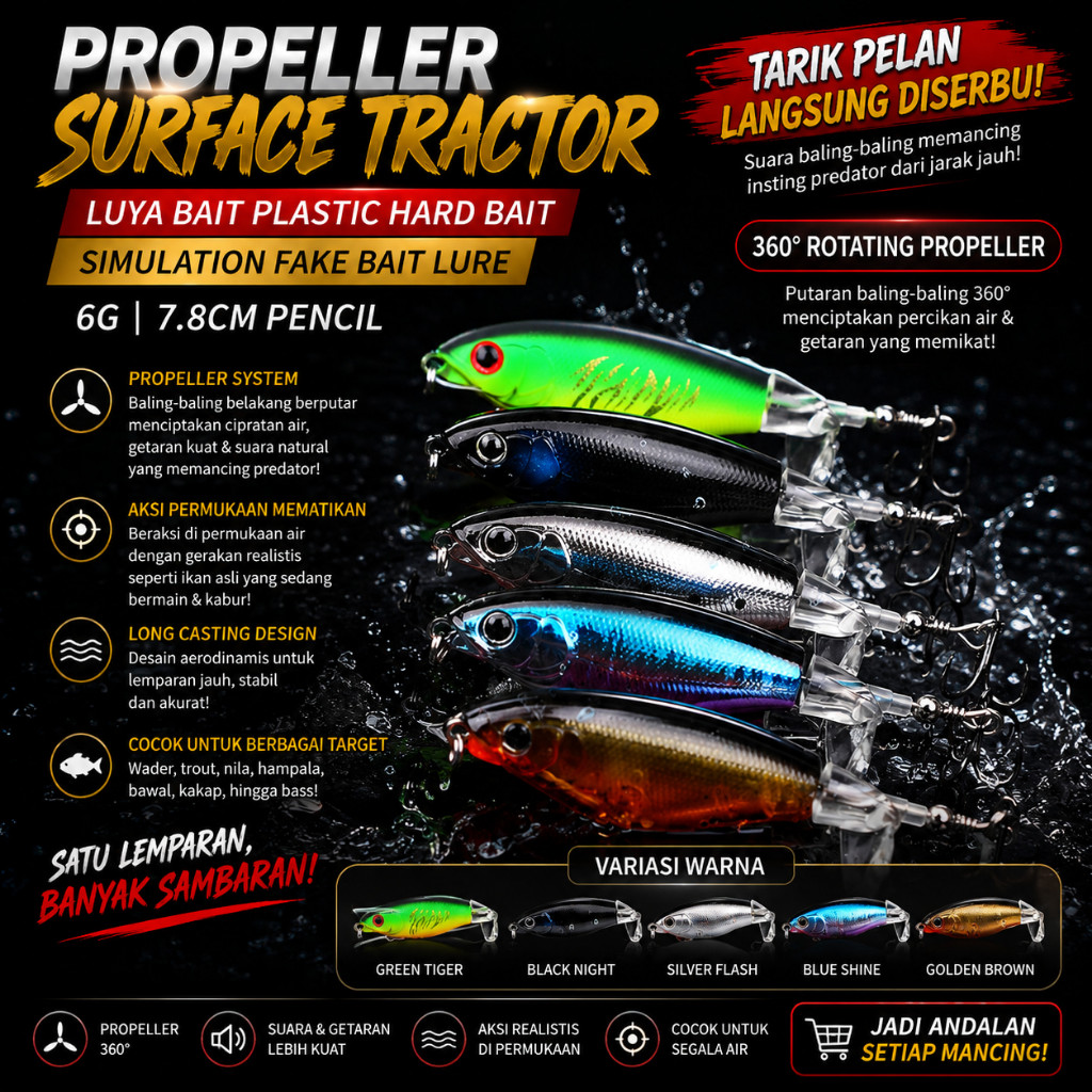Umpan Pancing Topwater Propeller 7.8cm 6g – Pencil Bait Hard Lure Baling-Baling 360° Ikan Predator P