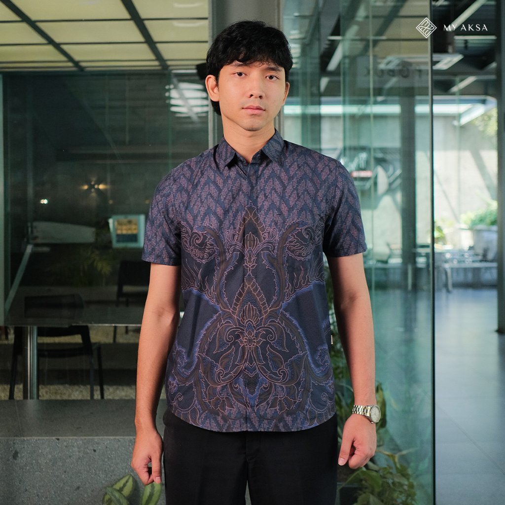 My Aksa Batik Premium Kemeja Batik Pria Lengan Pendek Superfine Parang Cakra Navy