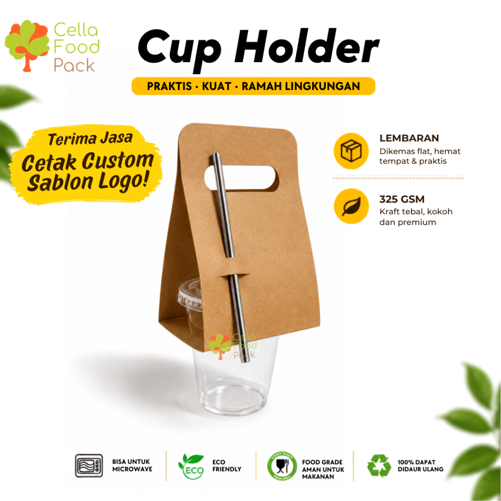 Custom sablon full warna, Single Cup Holder Paper Kraft NON LAMINASI Eco Friendly Paper Cup Take Awa