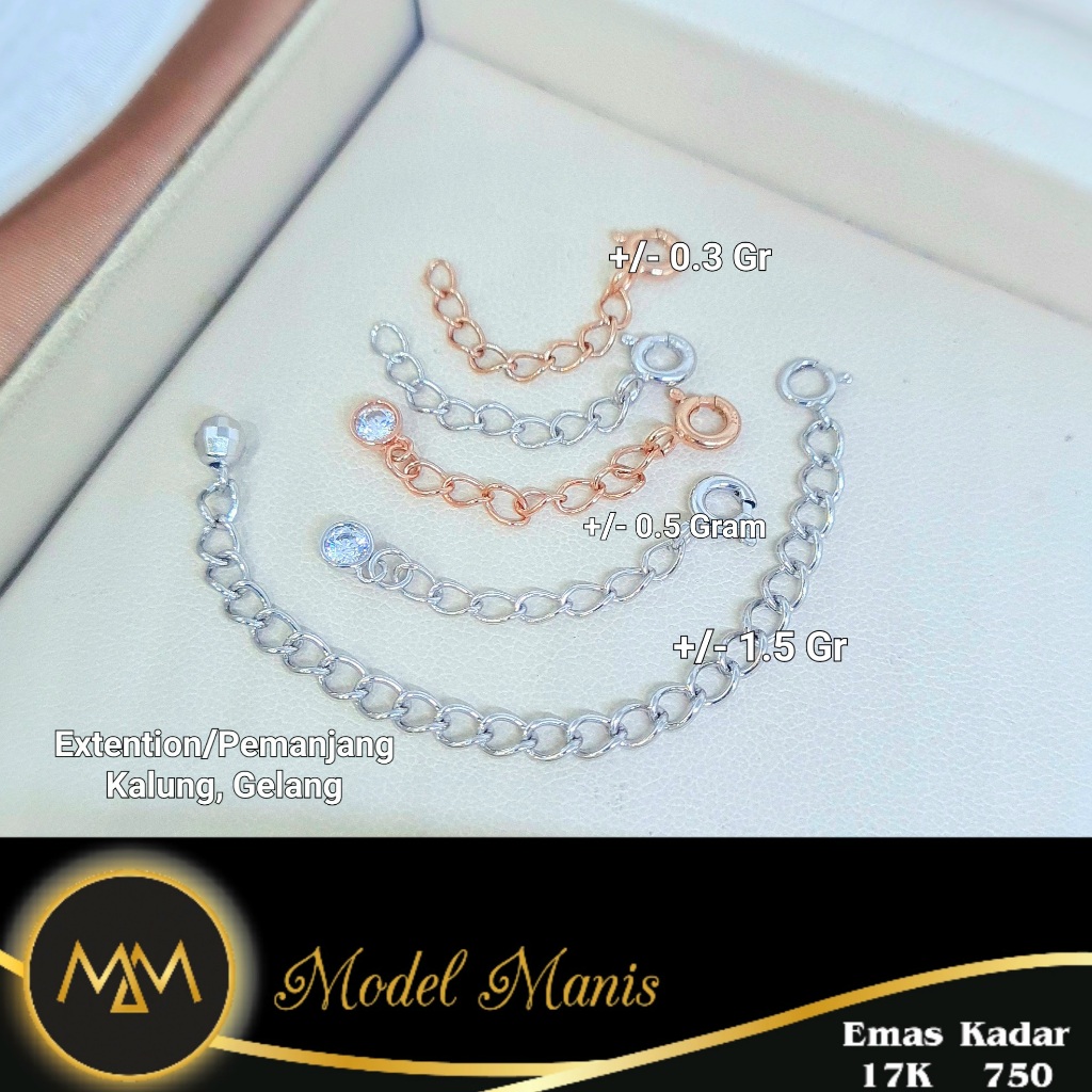 Extention emas gelang kalung rantai penyambung emas putih rosegold kuning 750/700 kadar 17k/16k
