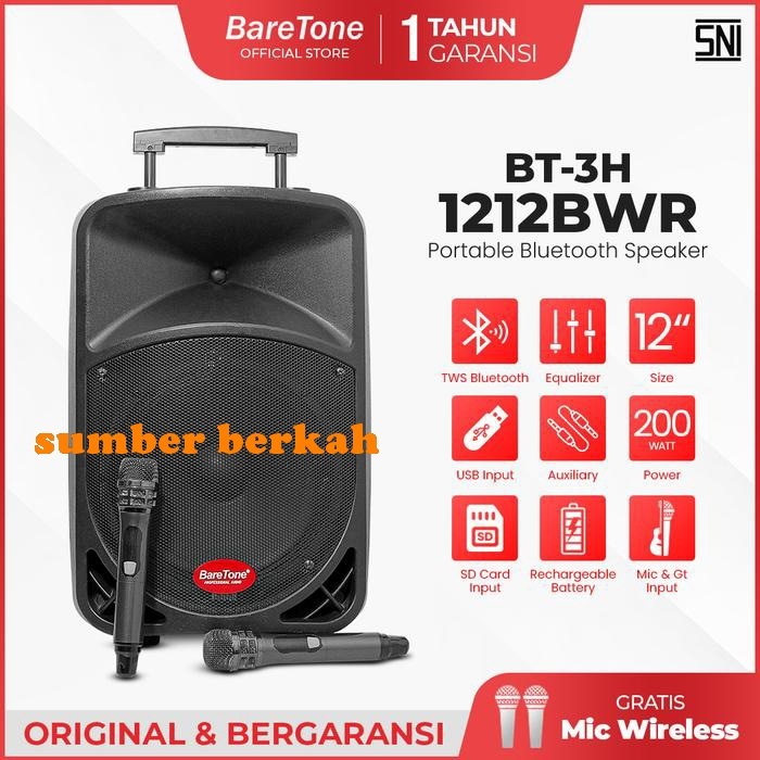 BARETONE BT 3H1212 BWR PORTABLE WIRELESS SPEAKER BLUETOOTH BT 3H 1212BWR 12bwr 12 INCH ORIGINAL GARA