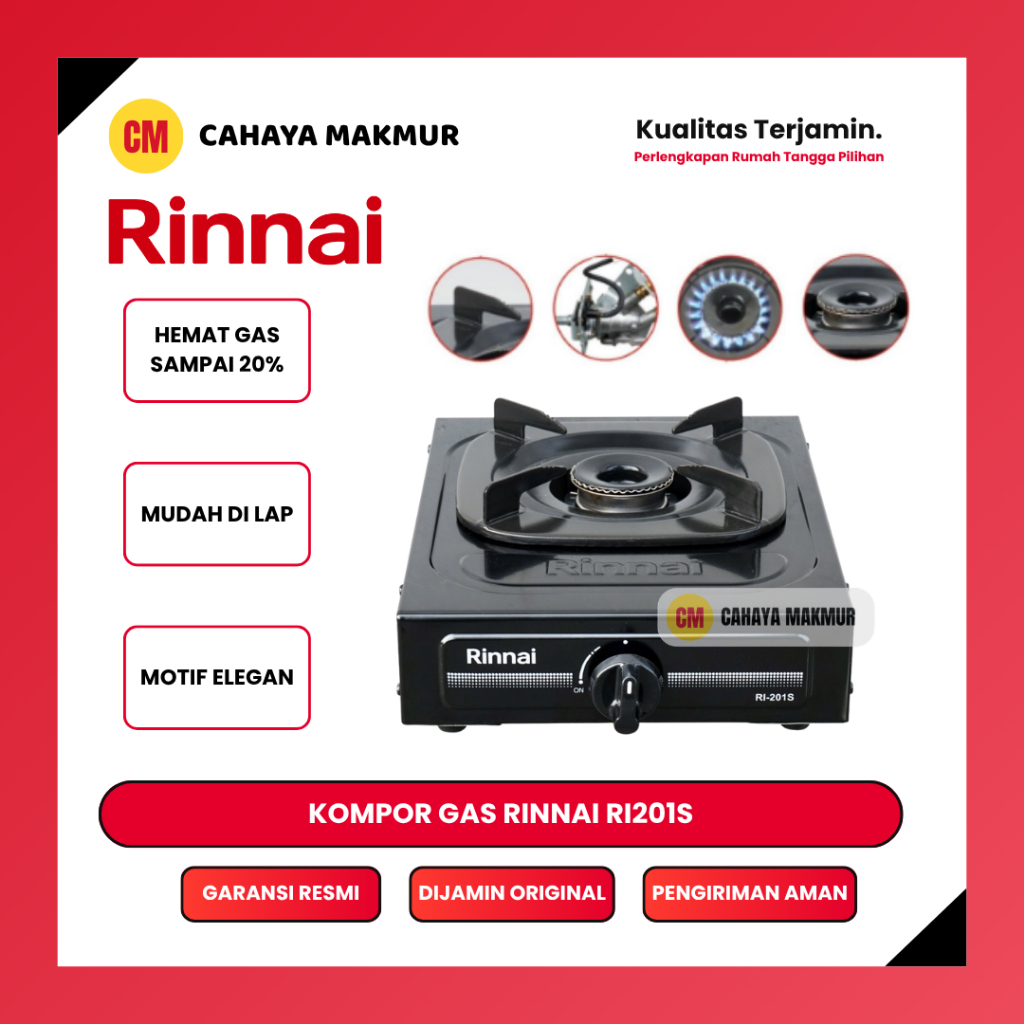 Kompor Gas 1 Tungku Rinnai RI-201S Sun Burner Api Biru Ceflon Anti Karat Hemat Gas Child Lock Safety