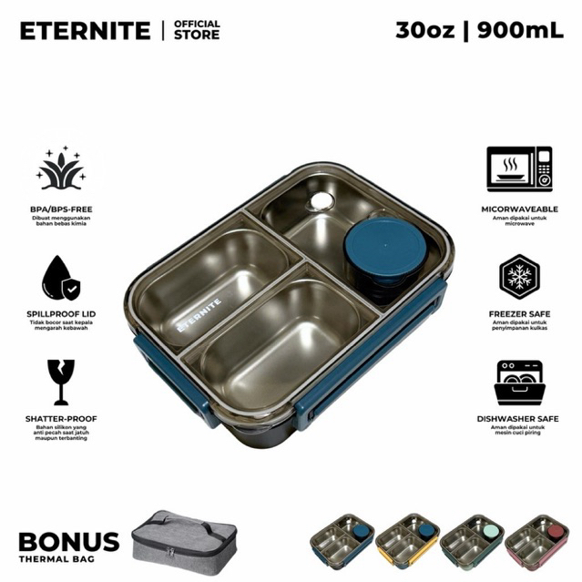 ETERNITE NamiBox 30oz [Microwave Safe | Freezer | Dishwasher Safe] Bento Lunch Box with 3 Compartmen