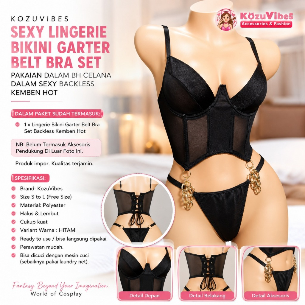 Kozuvibes Sexy Lingerie Bikini Garter Belt Bra Set Pakaian Dalam BH Celana Dalam Sexy Backless Kemben Hot